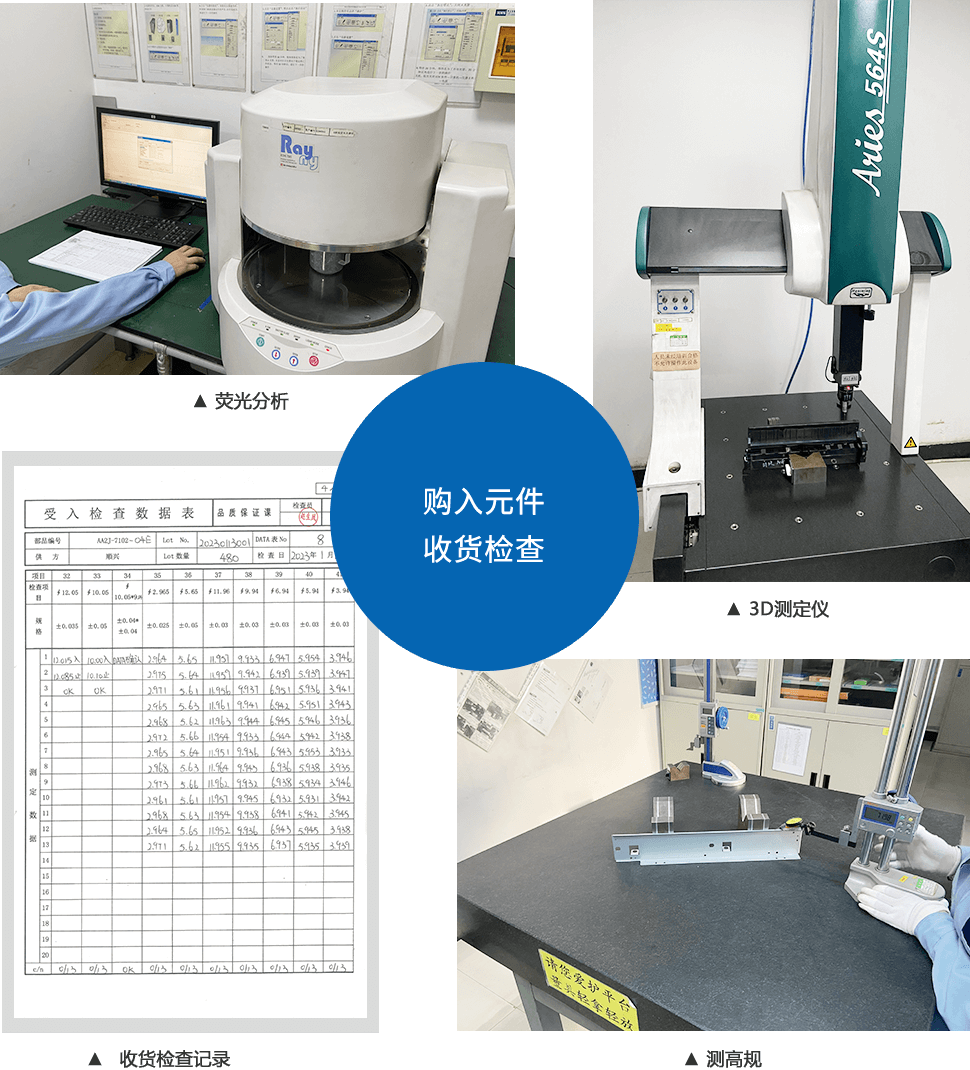 购入元件收货检查 ▲ 荧光分析 ▲ 3D测定仪 ▲ 收货检查记录 ▲ 测高规