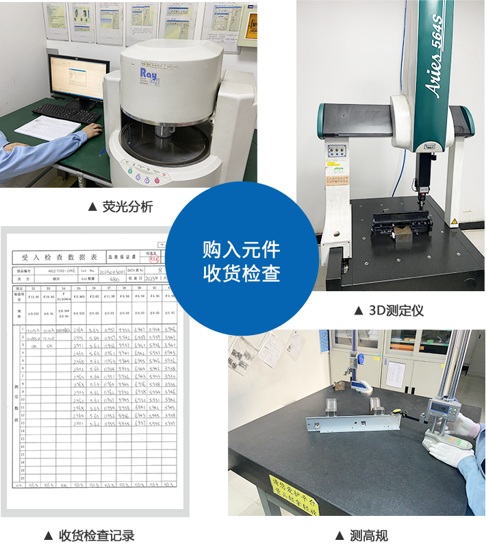 购入元件收货检查 ▲ 荧光分析 ▲ 3D测定仪 ▲ 收货检查记录 ▲ 测高规